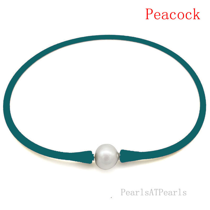 Wholesale 11-12mm Round Pearl Peacock Blue Rubber Silicone Necklace
