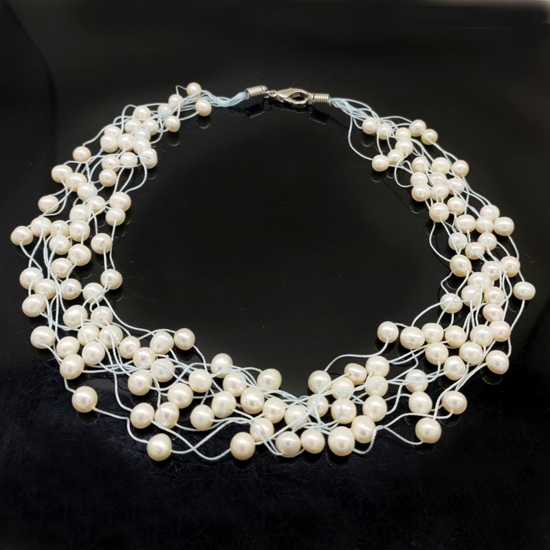16 inches 10 rows 5-6mm Natural White Pearls Tin Cup Necklace