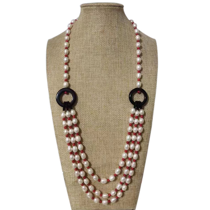 26-30 inches Three Row Natural White Pearl and Red Coral Necklace