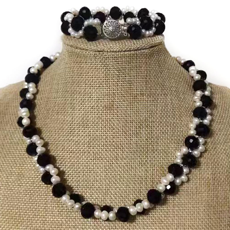 16 inches Double Rows 4-5mm White Pearl & Facet Crystal Necklace Jewelry Set