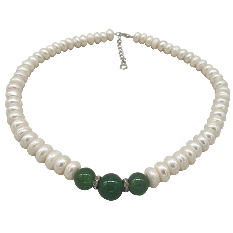 16-18 inches Natural White Button Pearl & Round Green Agate Beaded Necklace
