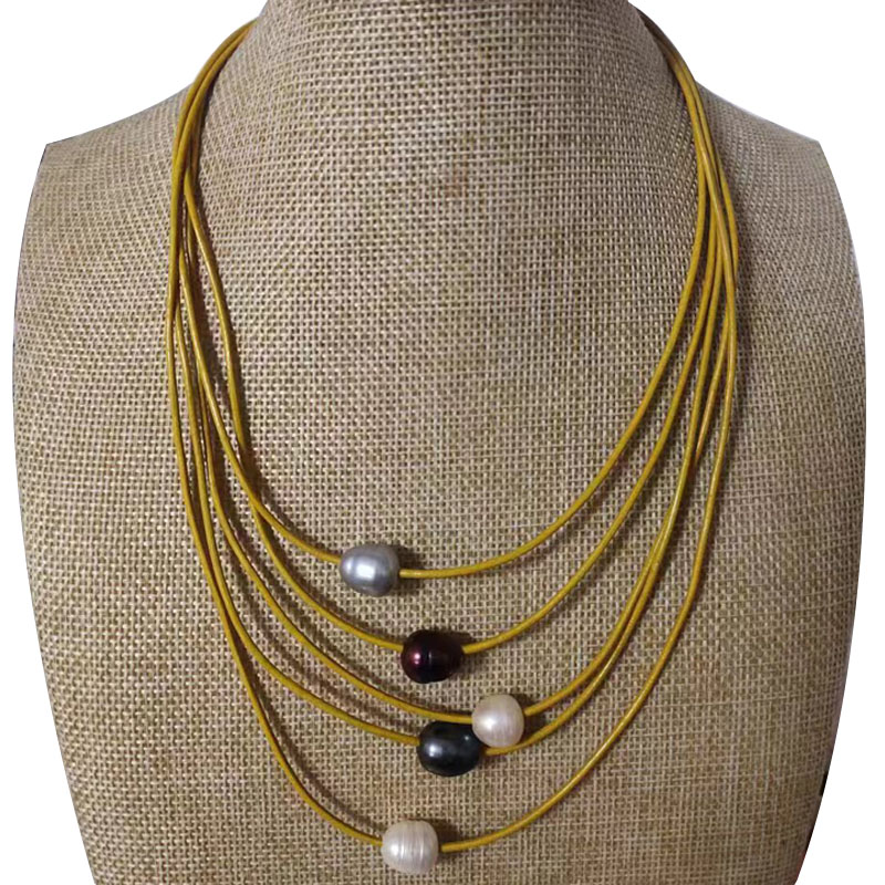 16-20 inches 5 rows 11-12 mm Yellow Leather Cord Pearl Necklace