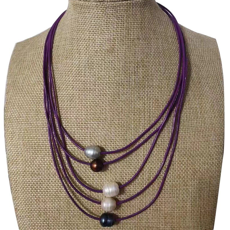 16-20 inches 5 rows 11-12 mm Purple Leather Cord Pearl Necklace