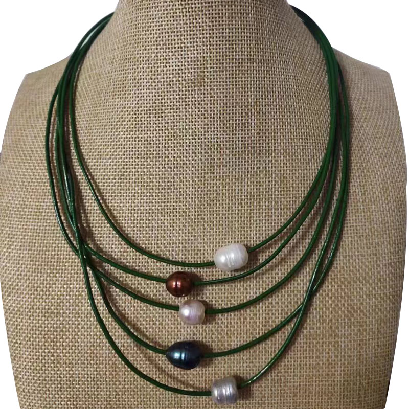 16-20 inches 5 rows 11-12 mm Dark Green Leather Cord Pearl Necklace