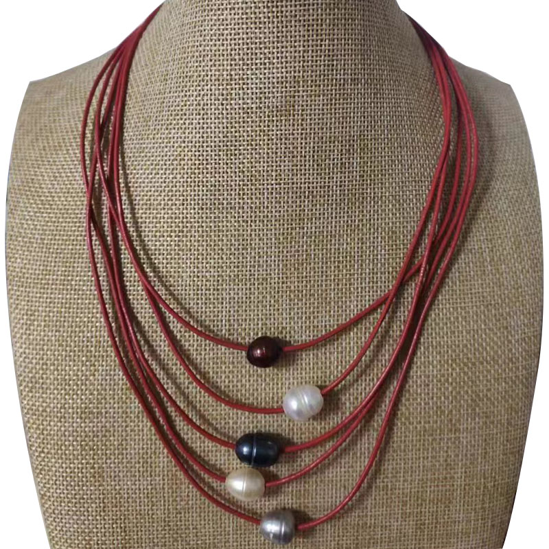 16-20 inches 5 rows 11-12 mm Crimson Leather Cord Pearl Necklace