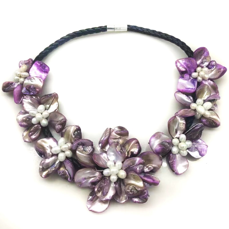 18 inches Natural Leather Seven Lilac Shell Flower Necklace