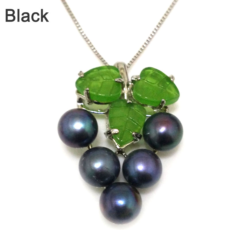 Grape Style 7-8mm Black Button Pearl&Jade Leaf 925 Silver Pendant Necklace