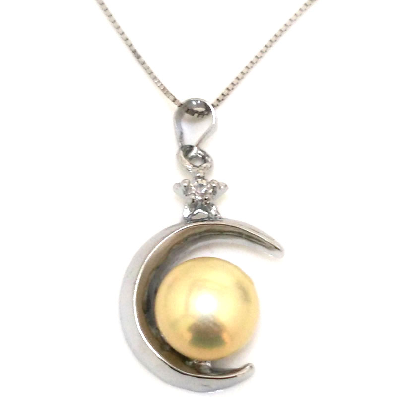 10-11mm White Button Pearl Moon Style 925 Silver Pendant Necklace
