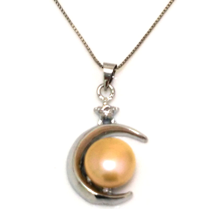 10-11mm Pink Button Pearl Moon Style 925 Silver Pendant Necklace
