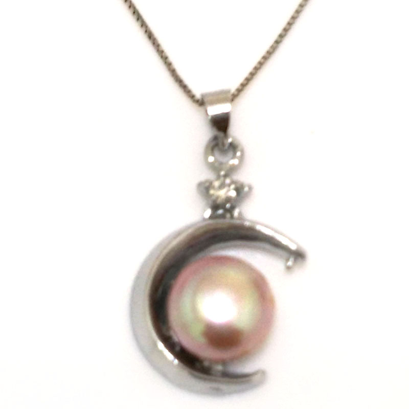 10-11mm Lavender Button Pearl Moon Style 925 Silver Pendant Necklace