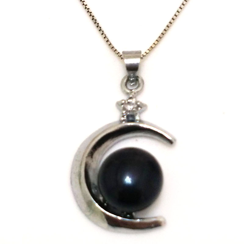 10-11mm Black Button Pearl Moon Style 925 Silver Pendant Necklace