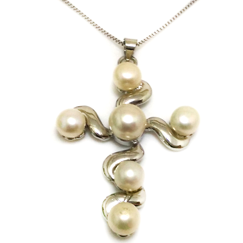 30x40mm Natural White Button Pearl 925 Silver Cross Pendent Necklace