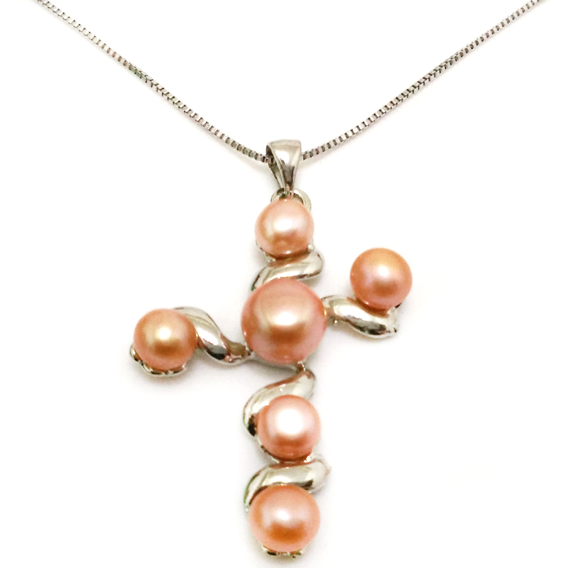 30x40mm Natural Pink Button Pearl 925 Silver Cross Pendant Necklace