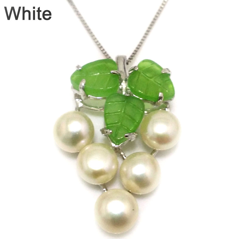 Grape Style 7-8mm Button Pearl&Jade Leaf 925 Silver Pendant Necklace
