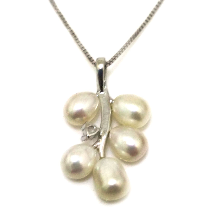 Grape Style 6-7mm Natural White Rice Pearl 925 Silver Pendant Necklace