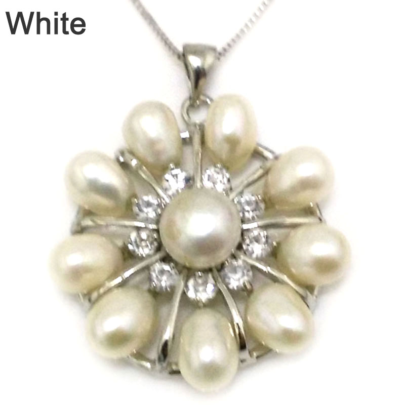 Flower Style  6-7mm White Rice Pearl 925 Silver Pendent Necklace