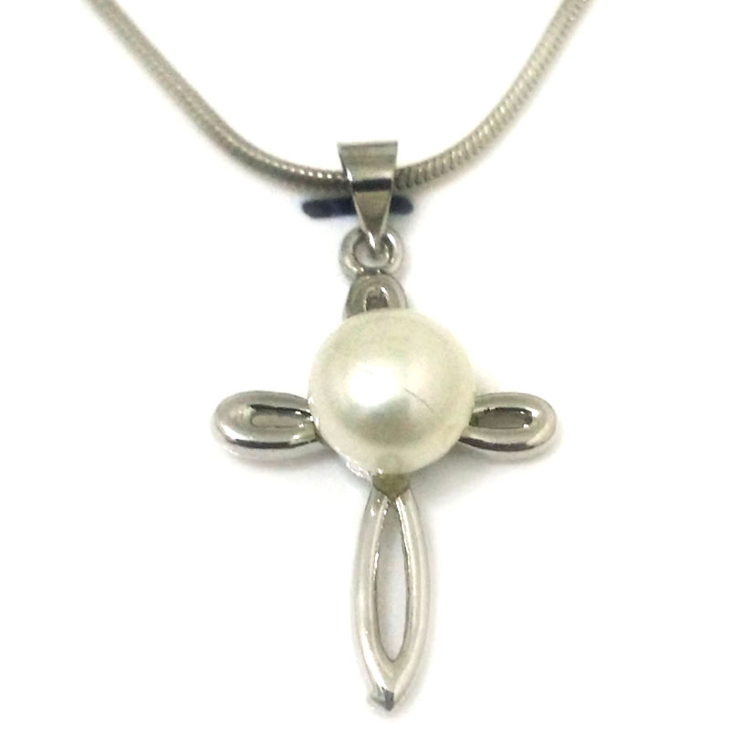 Cross Style 8-9mm White Button Pearl 925 Silver Pendent Necklace