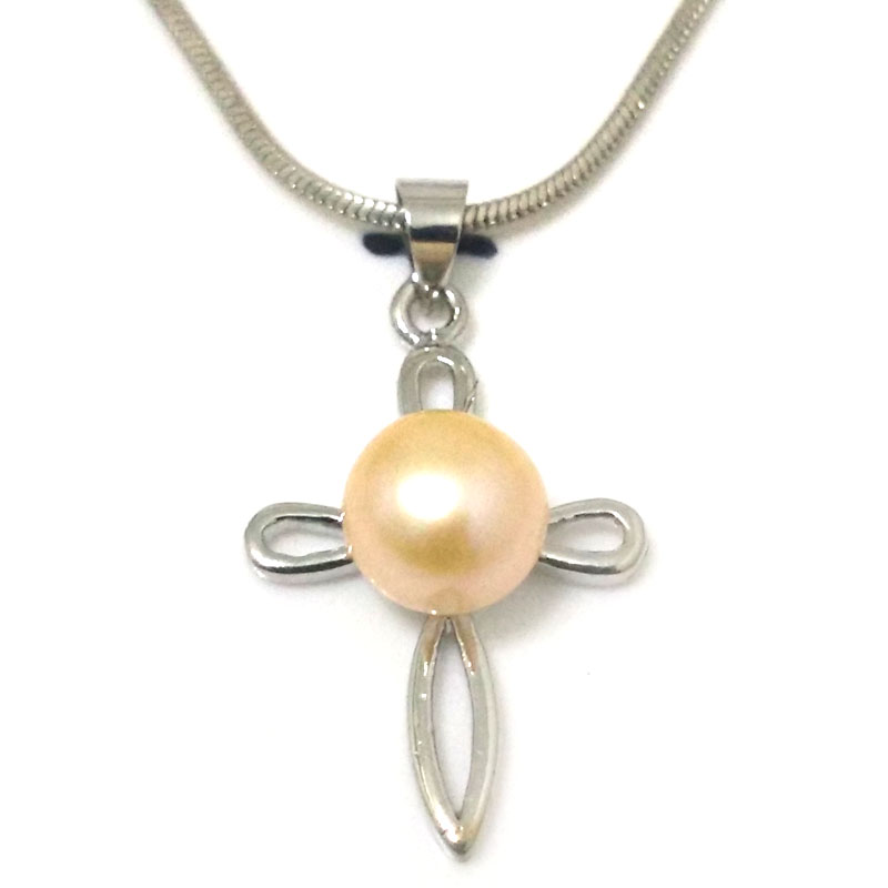 Cross Style 8-9mm Pink Button Pearl 925 Silver Pendent Necklace