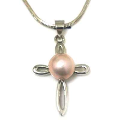 Cross Style 8-9mm Lavender Button Pearl 925 Silver Pendent Necklace
