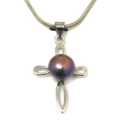 Cross Style 8-9mm Black Button Pearl 925 Silver Pendent Necklace