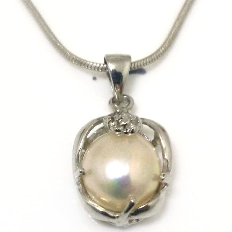 14-15mm Natural White Baroque Pearl 925 Silver Pendent Necklace