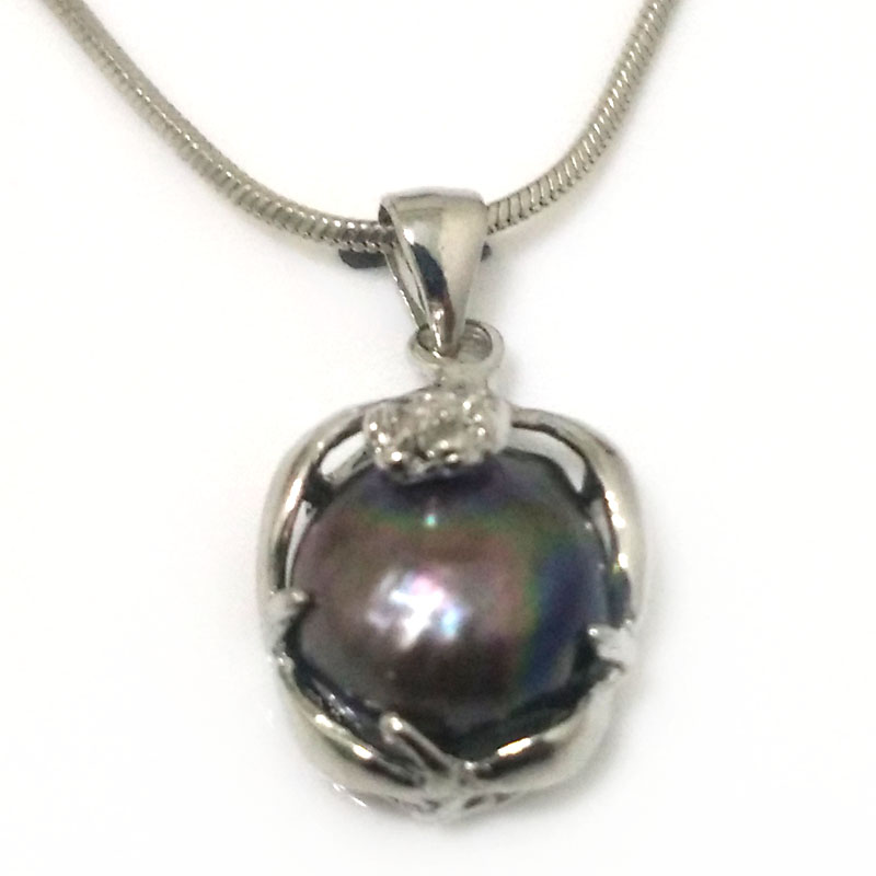 14-15mm Black Baroque Pearl 925 Silver Pendent Necklace