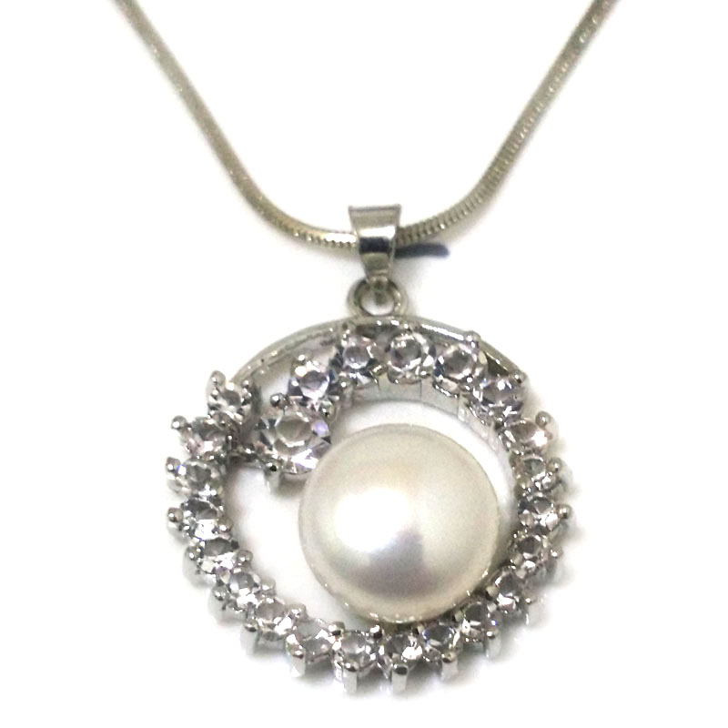 Ring Style 11-12mm White Button Pearl 925 Silver Pendent Necklace