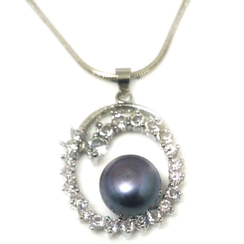 Ring Style 11-12mm Black Button Pearl 925 Silver Pendent Necklace