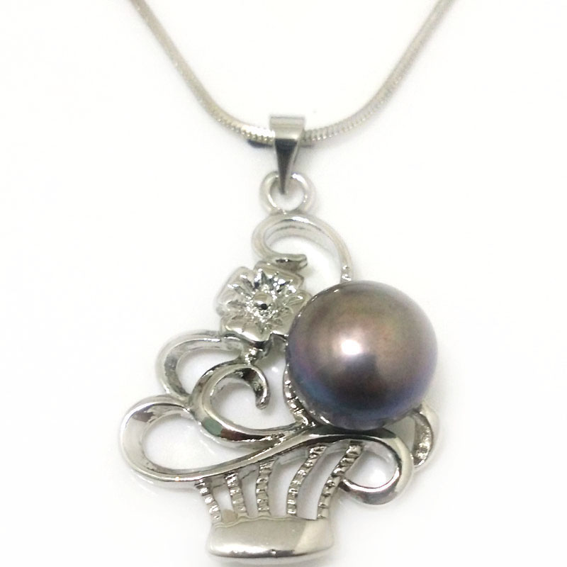 Basket Style 11-12mm Black Natural Button Pearl 925 Silver Pendent Necklace