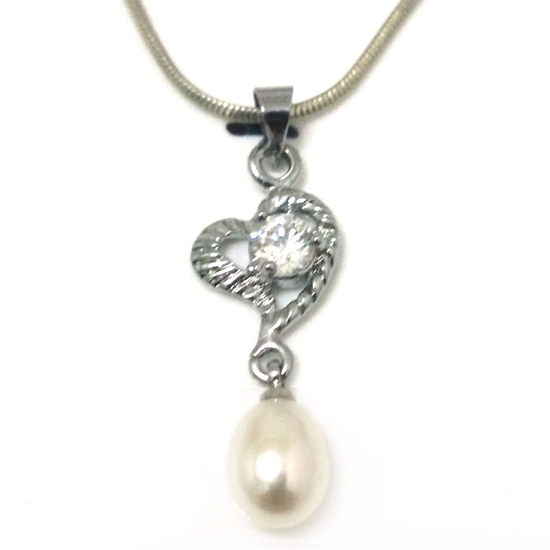Zirconia Heart 8-9mm White Raindrop Pearl 925 Silver Pendent Necklace