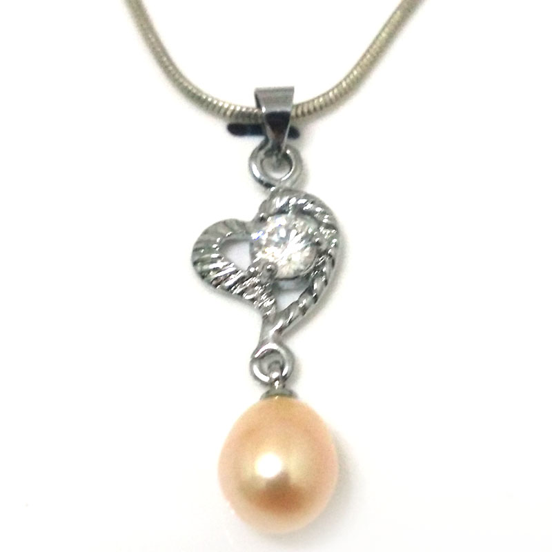 Zirconia Heart 8-9mm Pink Raindrop Pearl 925 Silver Pendent Necklace