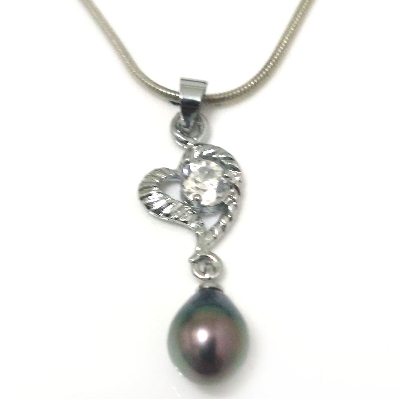Zirconia Heart 8-9mm Black Natural Raindrop Pearl 925 Silver Pendent Necklace
