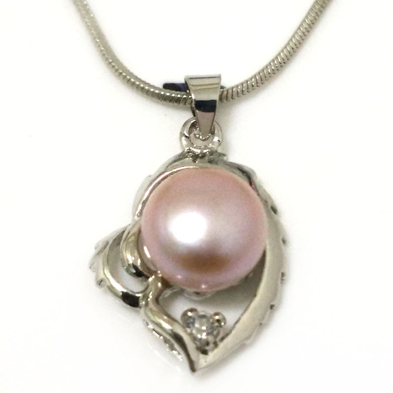 Single Zirconia Heart 10-11mm Lavender Button Pearl 925 Silver Pendent Necklace
