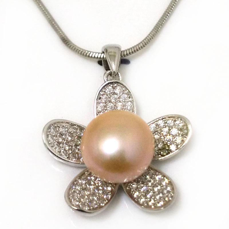 Multiple Shiny Zirconia Flower 12-13mm Pink Button Pearl Pendent Necklace