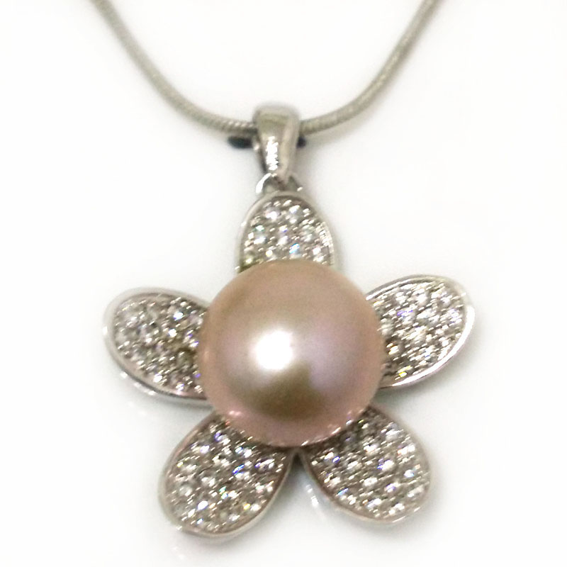 Multiple Shiny Zirconia Flower 12-13mm Lavender Button Pearl Pendent Necklace