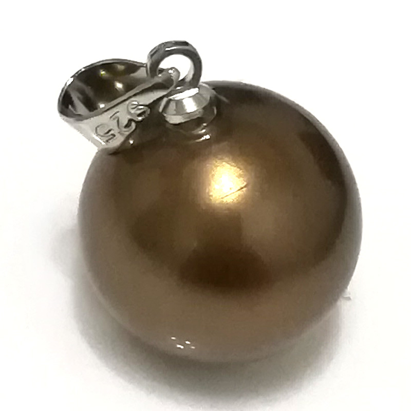 Wholesale 14-15mm Shiny Chocolate Round Shell Pearl 925 Silver Pendent