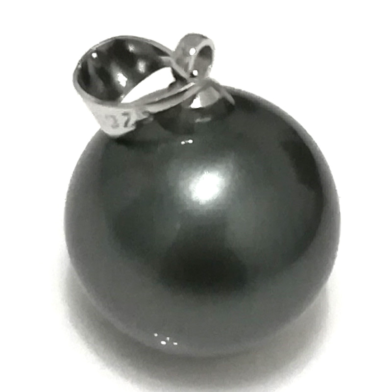 Wholesale 14-15mm Shiny Black Round Shell Pearl 925 Silver Pendent