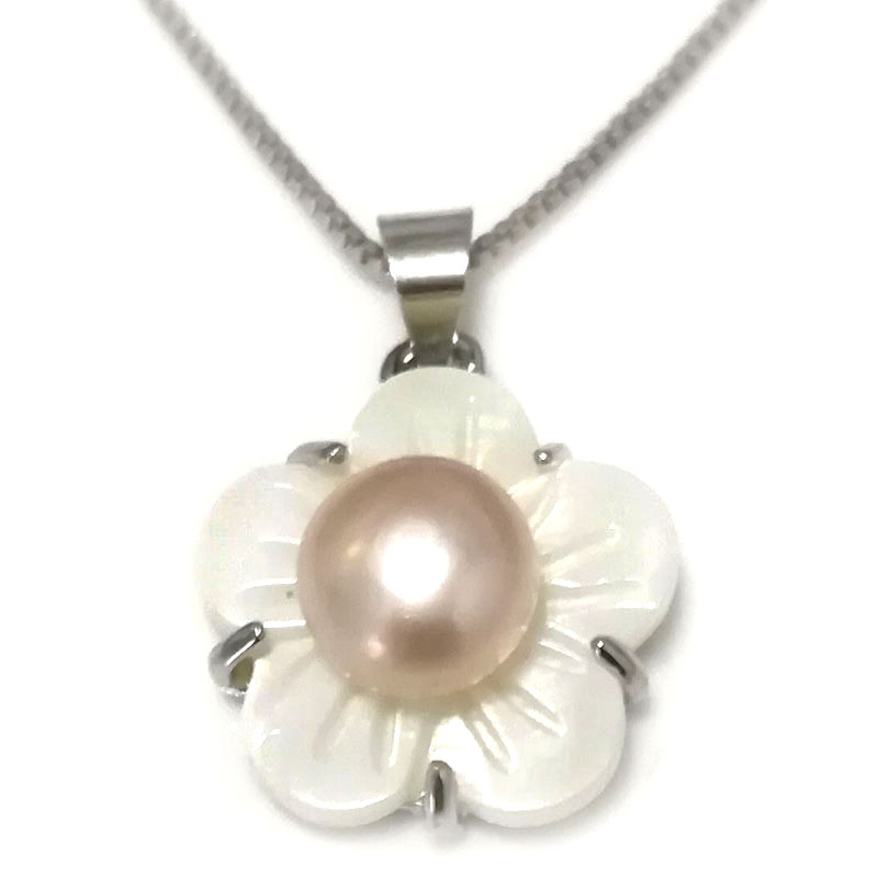 15mm 7-8mm Pink Button Pearl Shell Flower 925 Silver Pendent Necklace
