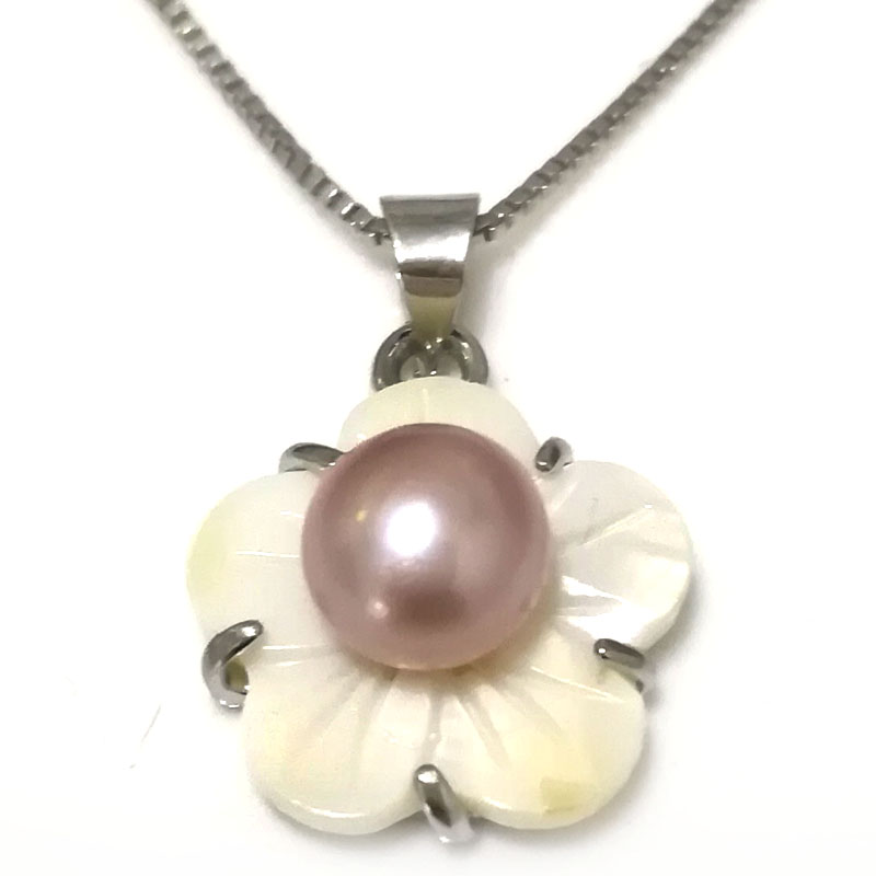 15mm 7-8mm Lavender Button Pearl Shell Flower 925 Silver Pendent Necklace