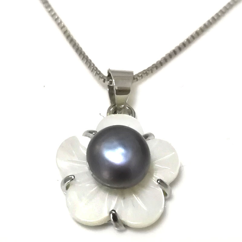 15mm 7-8mm Black Button Pearl Shell Flower 925 Silver Pendent Necklace