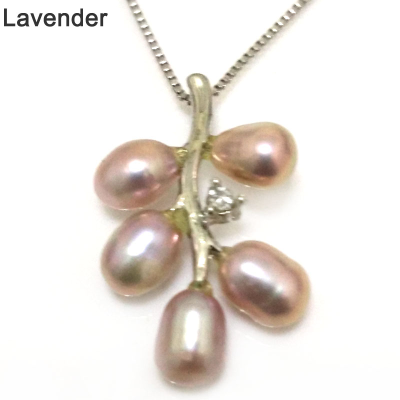 Grape Style 6-7mm Natural Lavender Rice Pearl 925 Silver Pendant Necklace