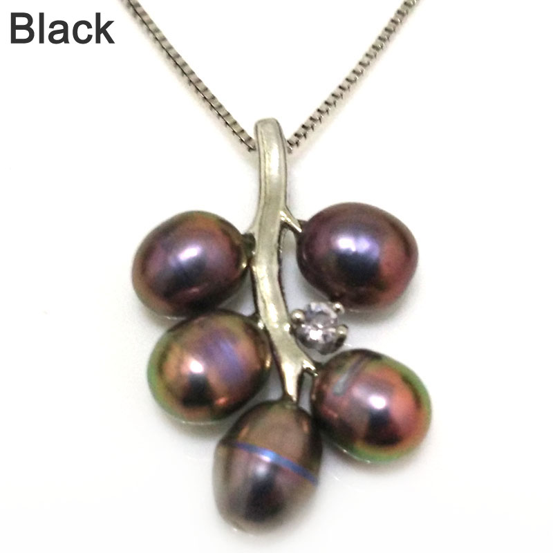 Grape Style 6-7mm Black Natural Rice Pearl 925 Silver Pendant Necklace