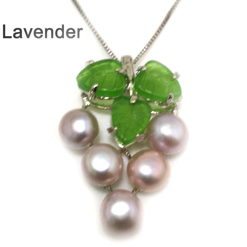 Grape Style 7-8mm Lavender Button Pearl&Jade Leaf 925 Silver Pendant Necklace