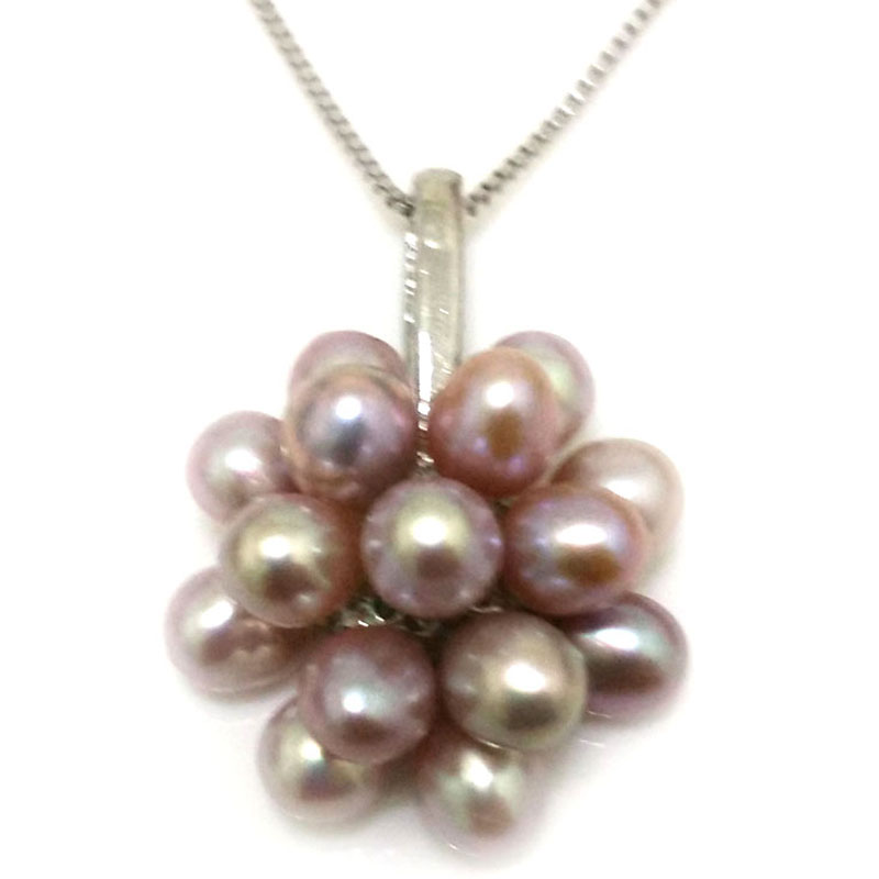 20mm Natural Lavender Rice Pearl 925 Silver Cluster Pendant Necklace