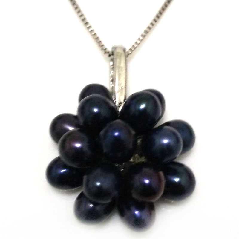 20mm Black Natural Rice Pearl 925 Silver Cluster Pendant Necklace