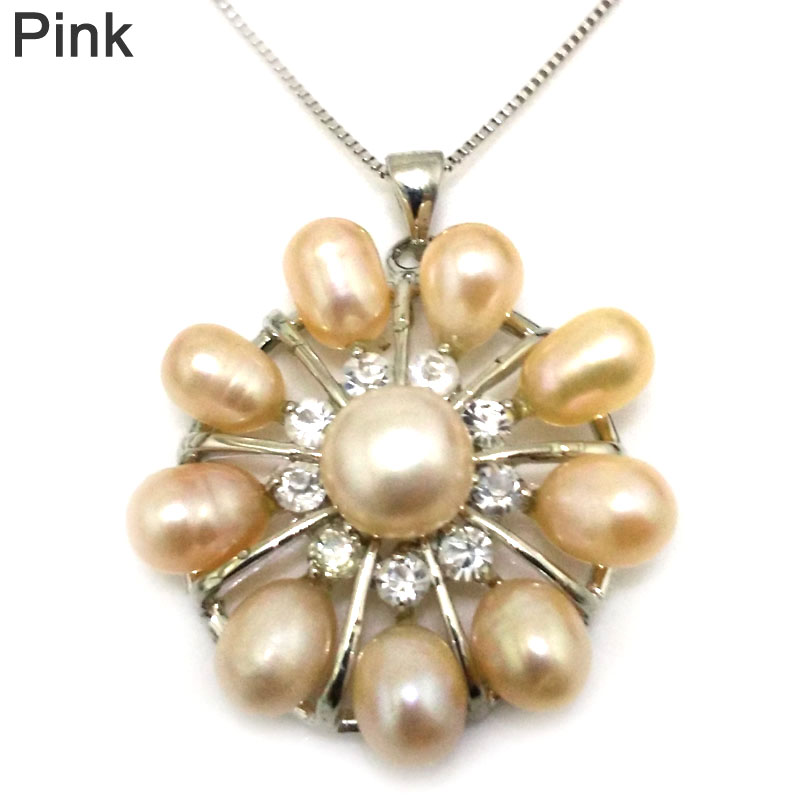 Flower Style 6-7mm Pink Rice Pearl 925 Silver Pendent Necklace