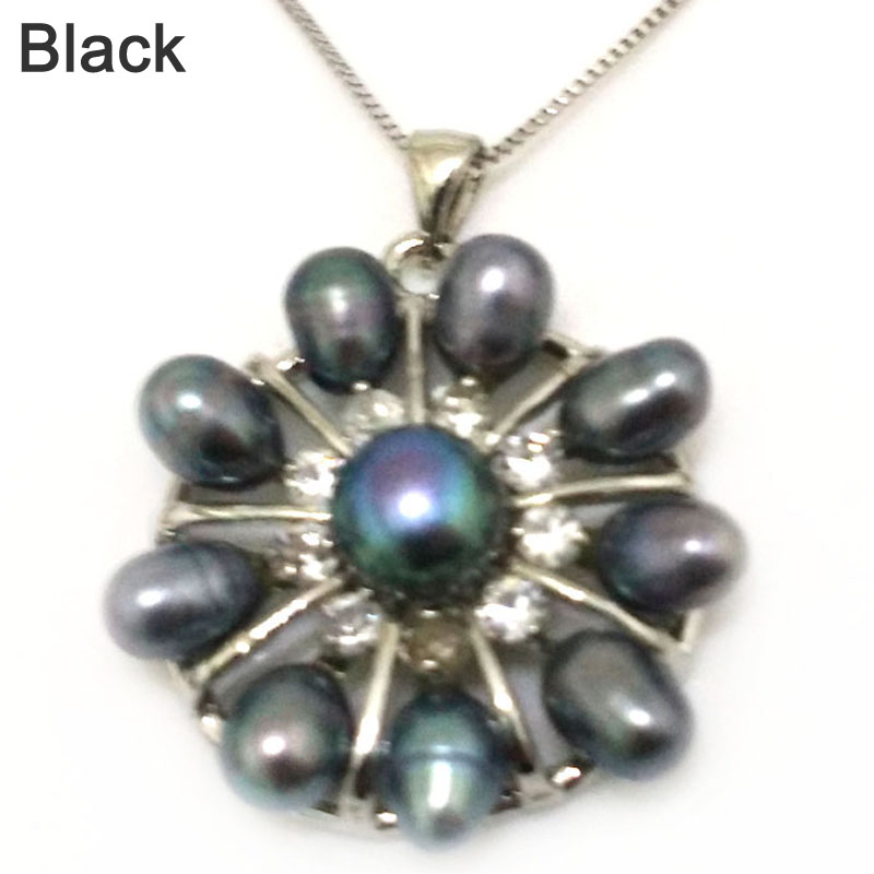 Flower Style 6-7mm Black Rice Pearl 925 Silver Pendent Necklace