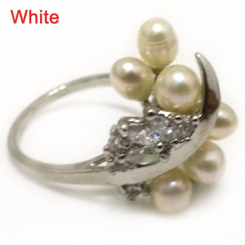 5-6mm Natural White Rice Pearl Cluster Women Ring with Zirconia