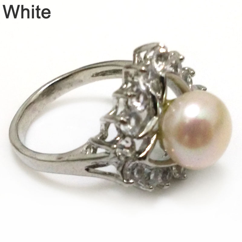 8# 9-10mm Natural White Button Pearl Women Ring with Zirconia