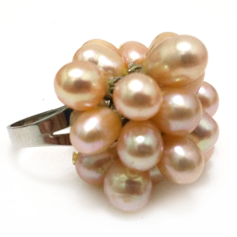 8# 6-7mm AAA Natural Pink Rice Pearl Women Cluster Ring